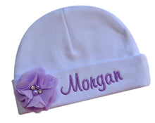 Load image into Gallery viewer, Personalized Baby Girl Hat with Sweet Chiffon Flower and Embroidered Name