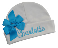 Load image into Gallery viewer, Newborn Personalized Embroidered Baby Hat in Script Font with Custom Name and Bow