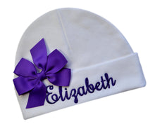 Load image into Gallery viewer, Newborn Personalized Embroidered Baby Hat in Script Font with Custom Name and Bow