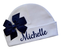 Load image into Gallery viewer, Newborn Personalized Embroidered Baby Hat in Script Font with Custom Name and Bow