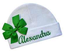 Load image into Gallery viewer, Newborn Personalized Embroidered Baby Hat in Script Font with Custom Name and Bow