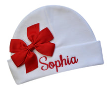 Load image into Gallery viewer, Newborn Personalized Embroidered Baby Hat in Script Font with Custom Name and Bow