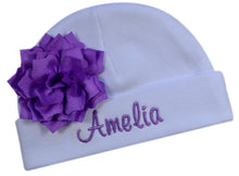 Load image into Gallery viewer, Embroidered Baby Girl Hat with Lotus Flower and Custom Name