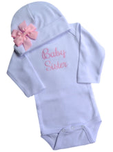 Load image into Gallery viewer, Baby Sister Embroidered Bodysuit with Matching Cotton Bow Beanie Gift Set
