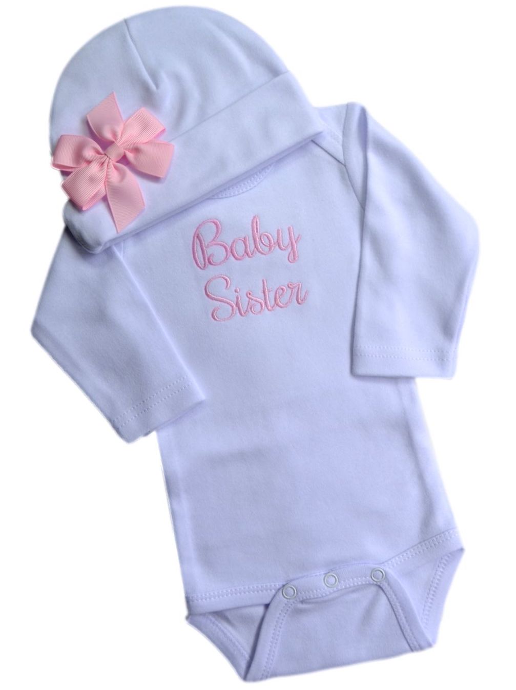 Baby Sister Embroidered Bodysuit with Matching Cotton Bow Beanie Gift Set
