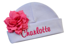 Load image into Gallery viewer, Embroidered Baby Girl Hat with Lotus Flower and Custom Name