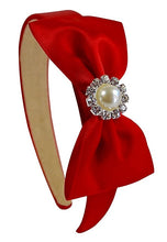 Load image into Gallery viewer, Simple Satin Bow Arch Headband with Jeweled Pearl - 8 Colors!