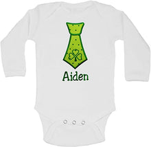 Load image into Gallery viewer, Embroidered St. Patrick&#39;s Day Shamrock Tie Bodysuit Romper for Baby Boys - Personalized with Your Custom Name
