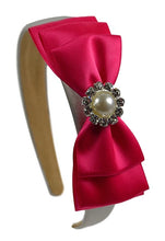 Load image into Gallery viewer, Simple Satin Bow  Arch Headband with Jeweled Pearl - 8 Colors!
