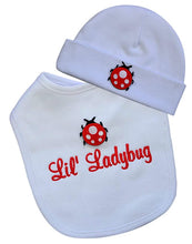 Load image into Gallery viewer, Personalized Baby Girl Bib with Matching Hat Featuring Ladybug with Custom Name
