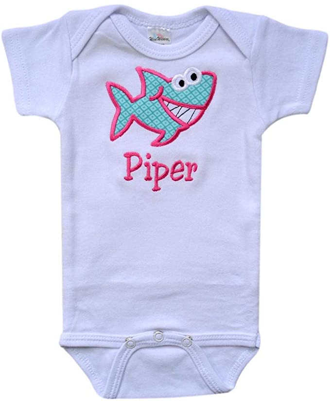 Personalized Embroidered Baby Shark Bodysuit with Your Custom Name for Girls