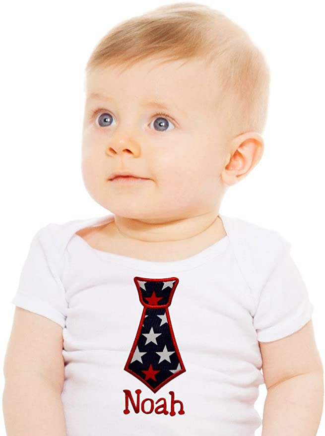 Patriotic 4th of July Baby Boy Neck Tie Bodysuit Personalized and Embroidered with Your Custom Name