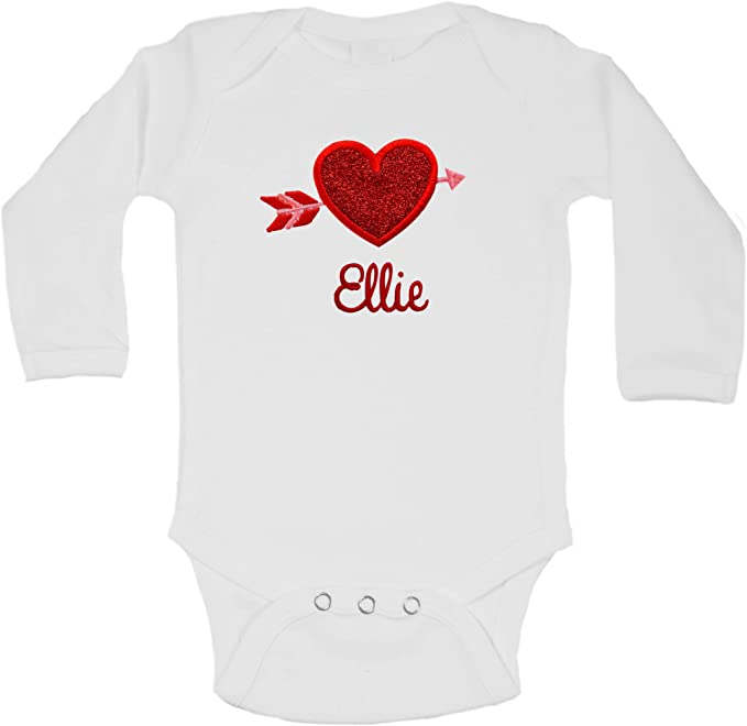 Personalized Embroidered Valentines Day Sparkle Heart Baby Girl Bodysuit with Your Custom Name