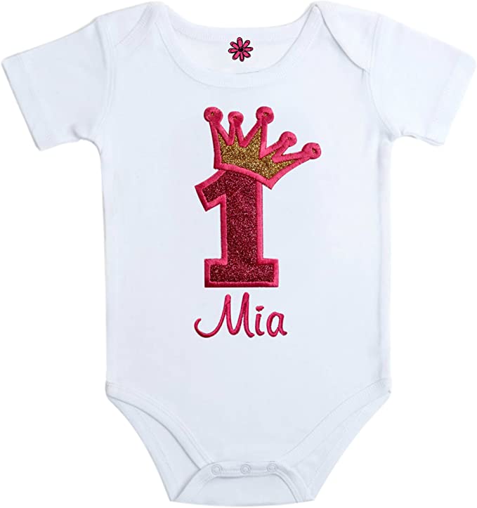 Personalized Embroidered Sparkling Glitter 1st Birthday Bodysuit with Your Custom Name