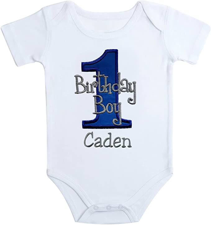 Embroidered First Birthday Year 1 Onesie Bodysuit for Baby Boys with Your Custom Name