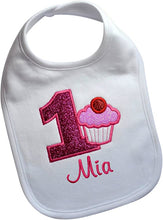 Load image into Gallery viewer, First Birthday Sparkling Cupcake Year One Smash Bib with Custom Name
