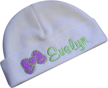 Load image into Gallery viewer, Personalized Embroidered Baby Girl Hat with Sparkling Glitter Bow with Custom Name