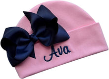 Load image into Gallery viewer, Embroidered Baby Girl Hat with Grosgrain Bow and Custom Name