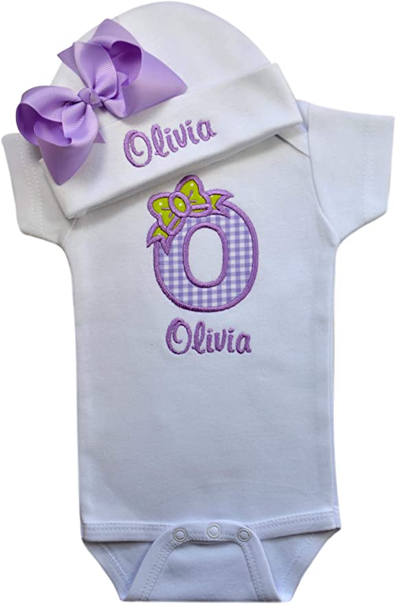 Baby Girl Embroidered Initial Onesie Bodysuit and Matching Grosgrain Bow Hat with Your Custom Name
