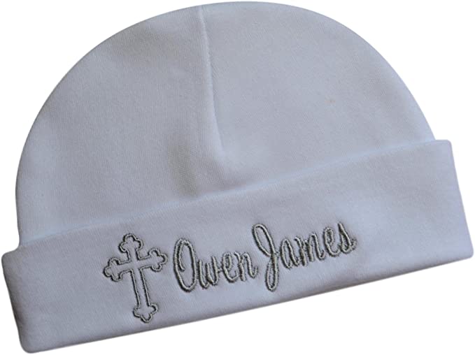 Personalized Embroidered Cross Baby Hat with Custom Name for Christening and Baptism