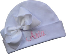 Load image into Gallery viewer, Embroidered Baby Girl Hat with Grosgrain Bow and Custom Name