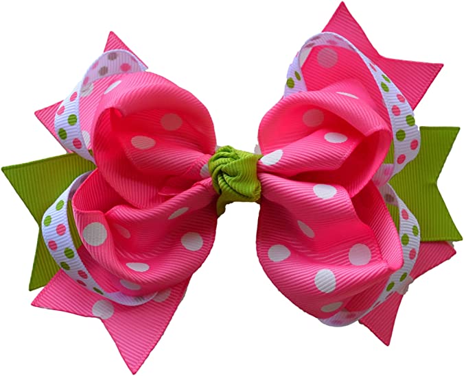 4.5 Inch Wide Pink and Green Polka Print Grosgrain Hair Bow