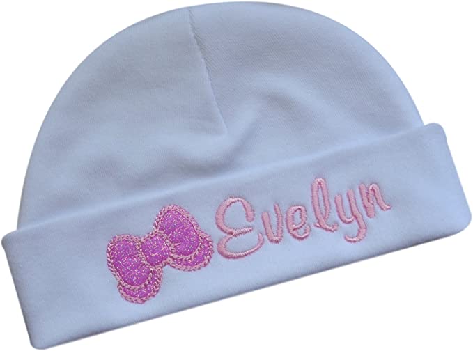 Personalized Embroidered Baby Girl Hat with Sparkling Glitter Bow with Custom Name