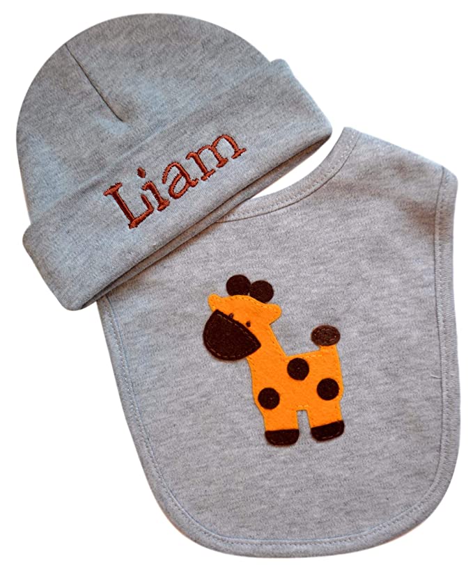 Felt Giraffe Bib with Matching Personalized Embroidered Baby Hat
