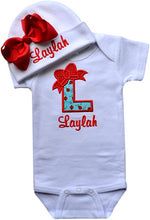 Load image into Gallery viewer, Baby Girl Embroidered Initial Onesie Bodysuit and Matching Grosgrain Bow Hat with Your Custom Name
