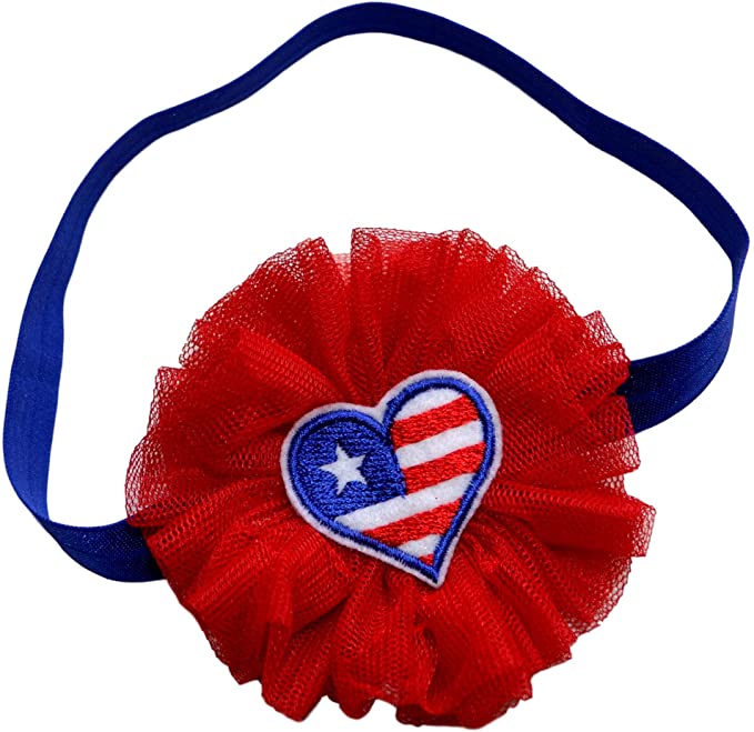 4th Of July TULLE Flower and Flag Heart Appliqué Baby and Toddler Elastic Headband
