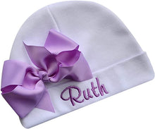 Load image into Gallery viewer, Embroidered Baby Girl Hat with Grosgrain Bow and Custom Name