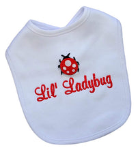 Load image into Gallery viewer, Personalized Baby Girl Bib with Matching Hat Featuring Ladybug with Custom Name
