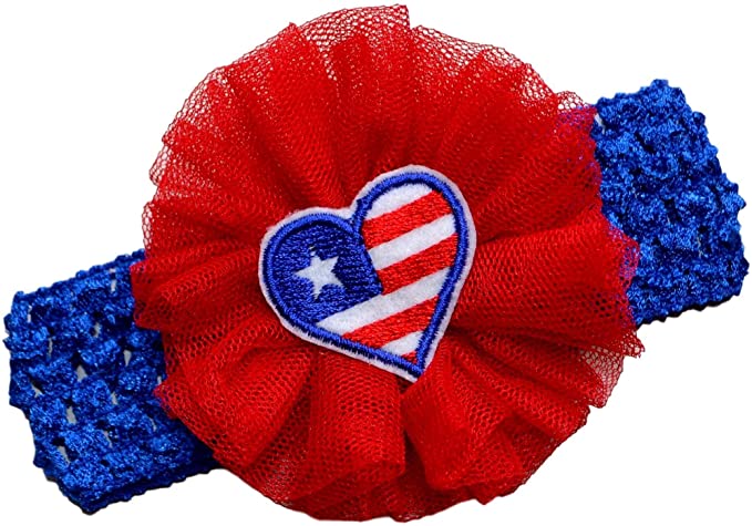 4th of July Baby and Toddler Crochet Headband with Tulle Flower and Embroidered Heart