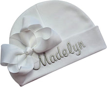 Load image into Gallery viewer, Embroidered Baby Girl Hat with Grosgrain Bow and Custom Name