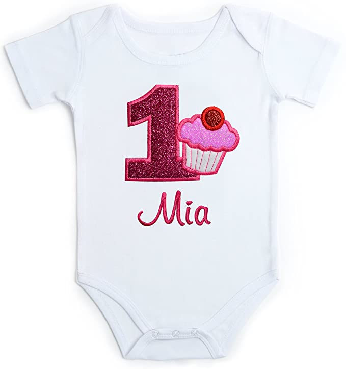 Embroidered Glitter Cupcake First Birthday Onesie Bodysuit for Baby Girl with Your Custom Name