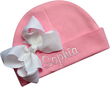 Load image into Gallery viewer, Embroidered Baby Girl Hat with Grosgrain Bow and Custom Name