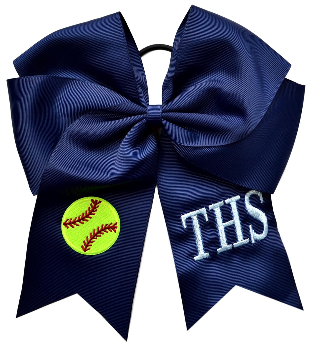 Softball Hair Bow Embroidered and Personalized with Custom Initials of your choice - 7.5 Inches Long!