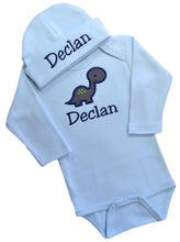 Load image into Gallery viewer, Personalized Embroidered Baby Boys Dinosaur Bodysuit with Matching Cotton Beanie Hat
