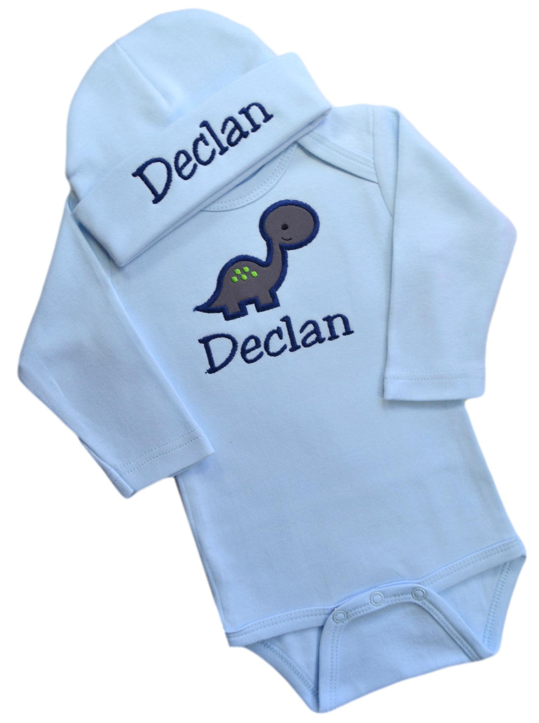 Personalized Embroidered Baby Boys Dinosaur Bodysuit with Matching Cotton Beanie Hat