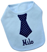 Load image into Gallery viewer, Personalized Baby Boy Fabric Tie Bib Embroidered with Your Custom Text
