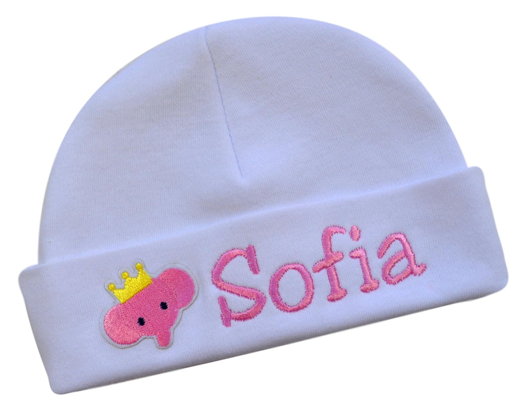 Personalized Embroidered Baby Girl Hat with Pink Elephant Applique