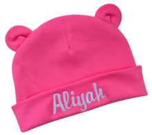 Load image into Gallery viewer, Personalized Newborn Bear Ears Baby Hat for Girls with Custom Embroidered Name