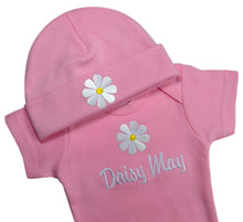 Load image into Gallery viewer, Personalized Embroidered Baby Girls Daisy Bodysuit with Matching Cotton Beanie
