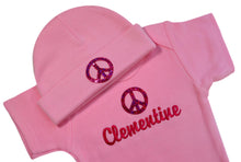Load image into Gallery viewer, Personalized Embroidered Baby Girls PEACE SIGN Bodysuit with Matching Cotton Beanie Hat
