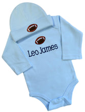 Load image into Gallery viewer, Personalized Embroidered Baby Boys Football Bodysuit with Matching Cotton Beanie Hat

