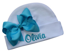 Load image into Gallery viewer, Embroidered Baby Girl Hat with Grosgrain Bow and Custom Name