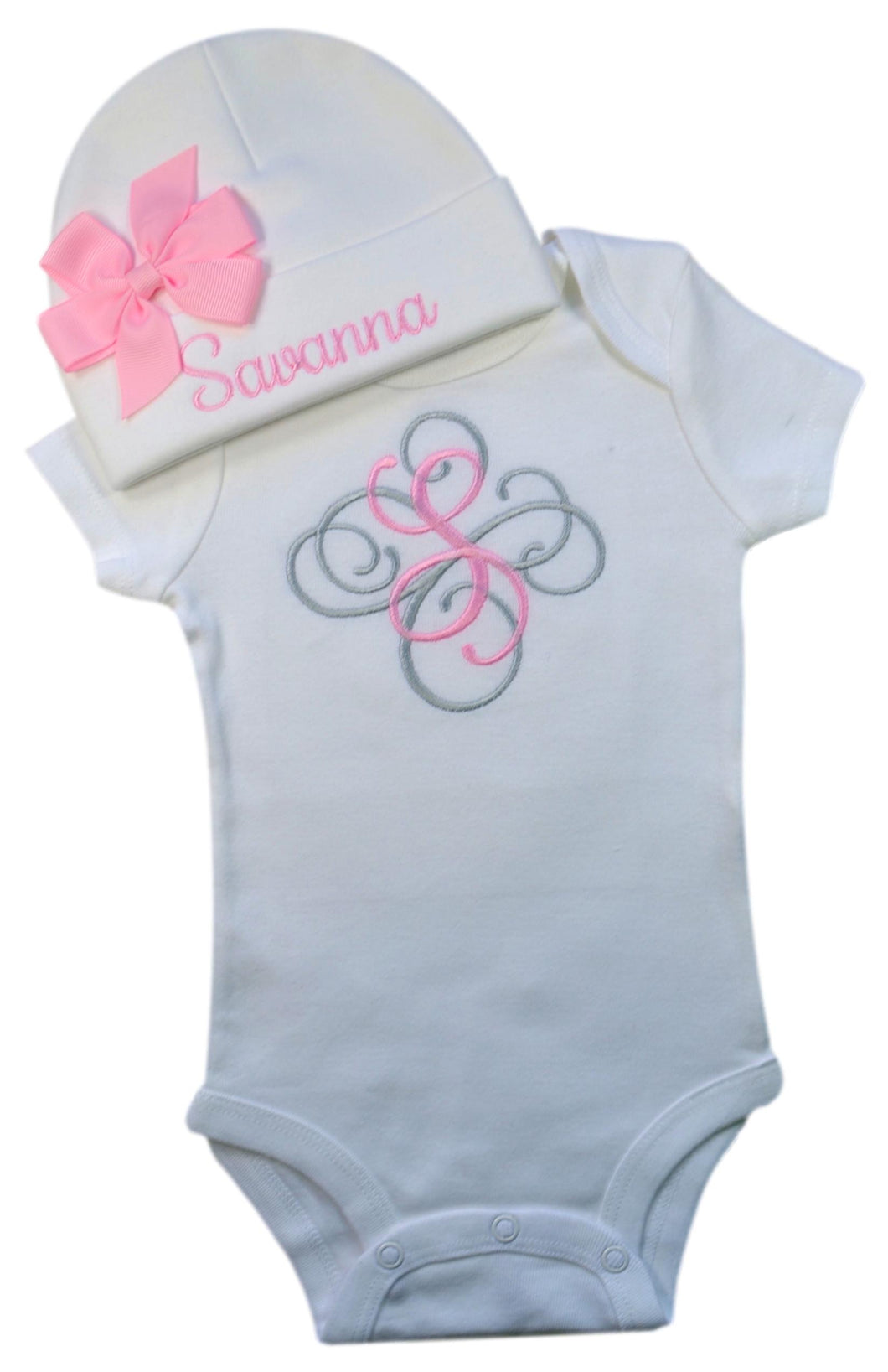 Personalized Initial Script Baby Girl Bodysuit with Matching Cotton Beanie Set