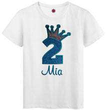 Load image into Gallery viewer, 2nd Birthday Embroidered Glitter Crown Girls T- Shirt with Custom Name
