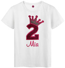 Load image into Gallery viewer, 2nd Birthday Embroidered Glitter Crown Girls T- Shirt with Custom Name
