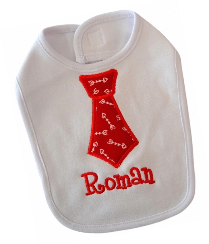 Personalized Baby Boy Valentine's Day Fabric Tie Bib Embroidered with Your Custom Text